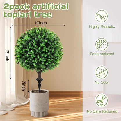 Artificial Red Eucalyptus Topiary Ball Tree 24" with Ground Spike, Set of 2 Artificial Boxwood Bushes for Faux Shrubs, Fake Evergreen Faux Plant for Indoor Outdoor Garden -UV Resistant–Fade-Proof