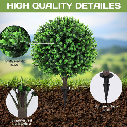 Artificial Red Eucalyptus Topiary Ball Tree 24" with Ground Spike, Set of 2 Artificial Boxwood Bushes for Faux Shrubs, Fake Evergreen Faux Plant for Indoor Outdoor Garden -UV Resistant–Fade-Proof