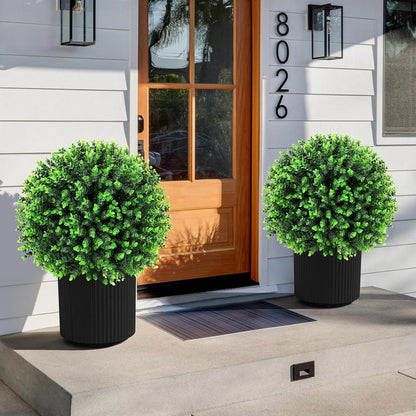 Artificial Red Eucalyptus Topiary Ball Tree 24" with Ground Spike, Set of 2 Artificial Boxwood Bushes for Faux Shrubs, Fake Evergreen Faux Plant for Indoor Outdoor Garden -UV Resistant–Fade-Proof