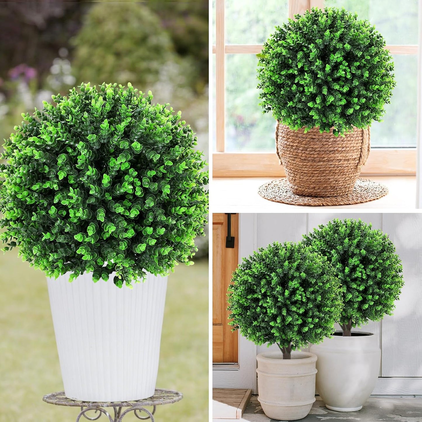 Artificial Red Eucalyptus Topiary Ball Tree 24" with Ground Spike, Set of 2 Artificial Boxwood Bushes for Faux Shrubs, Fake Evergreen Faux Plant for Indoor Outdoor Garden -UV Resistant–Fade-Proof