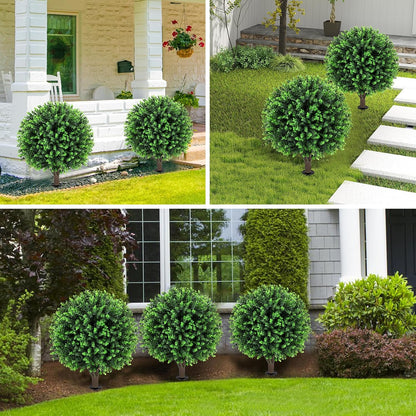 Artificial Red Eucalyptus Topiary Ball Tree 24" with Ground Spike, Set of 2 Artificial Boxwood Bushes for Faux Shrubs, Fake Evergreen Faux Plant for Indoor Outdoor Garden -UV Resistant–Fade-Proof