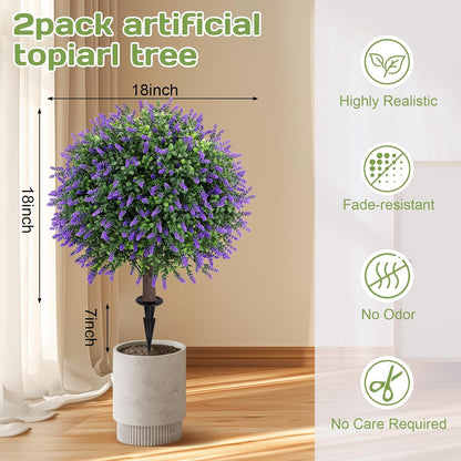 Artificial Red Eucalyptus Topiary Ball Tree 24" with Ground Spike, Set of 2 Artificial Boxwood Bushes for Faux Shrubs, Fake Evergreen Faux Plant for Indoor Outdoor Garden -UV Resistant–Fade-Proof