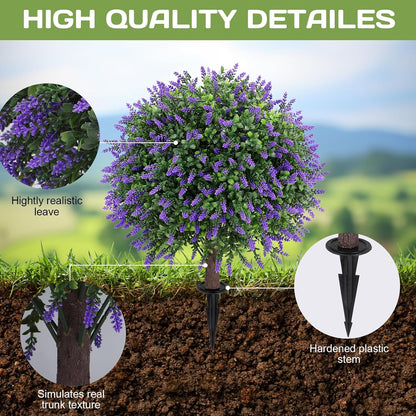 Artificial Red Eucalyptus Topiary Ball Tree 24" with Ground Spike, Set of 2 Artificial Boxwood Bushes for Faux Shrubs, Fake Evergreen Faux Plant for Indoor Outdoor Garden -UV Resistant–Fade-Proof