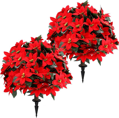 Artificial Red Eucalyptus Topiary Ball Tree 24" with Ground Spike, Set of 2 Artificial Boxwood Bushes for Faux Shrubs, Fake Evergreen Faux Plant for Indoor Outdoor Garden -UV Resistant–Fade-Proof