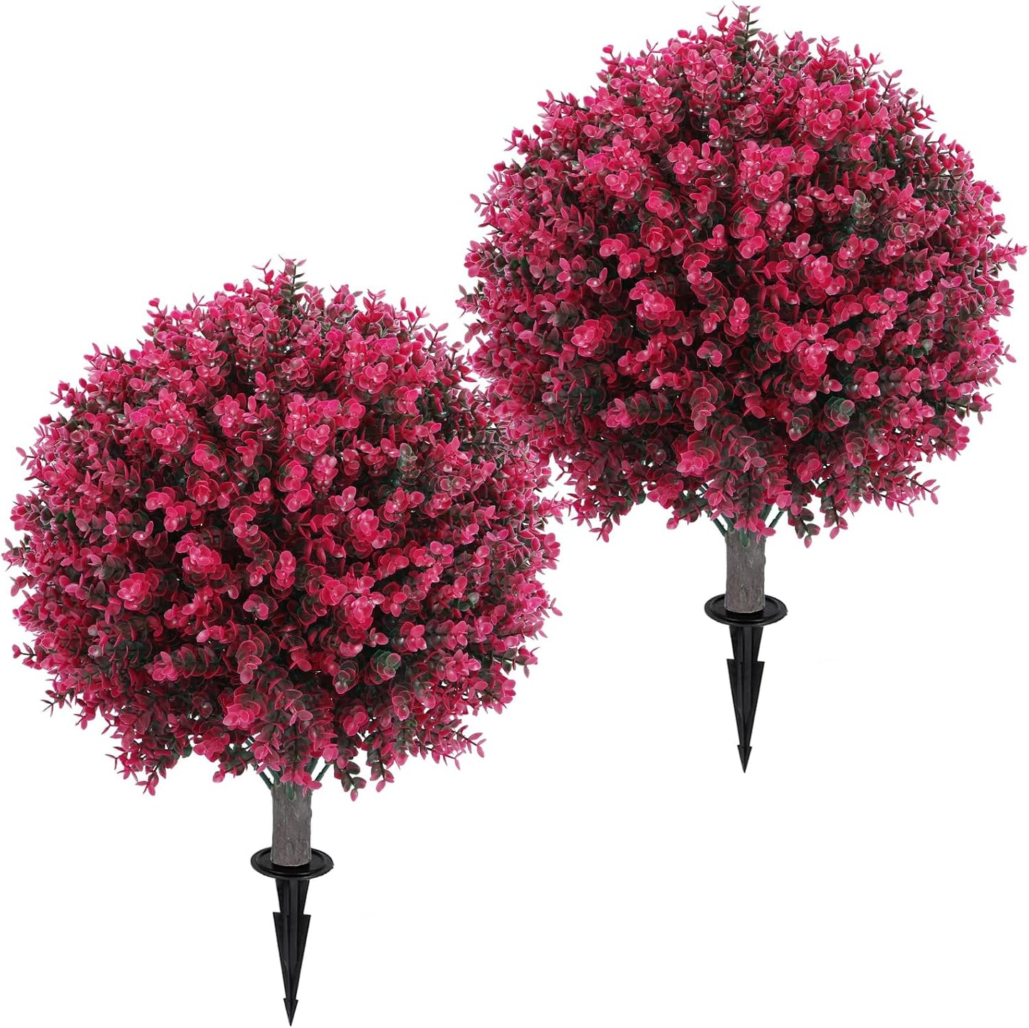 Artificial Red Eucalyptus Topiary Ball Tree 24" with Ground Spike, Set of 2 Artificial Boxwood Bushes for Faux Shrubs, Fake Evergreen Faux Plant for Indoor Outdoor Garden -UV Resistant–Fade-Proof