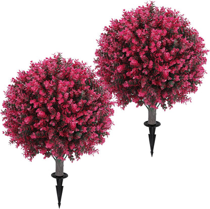 Artificial Red Eucalyptus Topiary Ball Tree 24" with Ground Spike, Set of 2 Artificial Boxwood Bushes for Faux Shrubs, Fake Evergreen Faux Plant for Indoor Outdoor Garden -UV Resistant–Fade-Proof