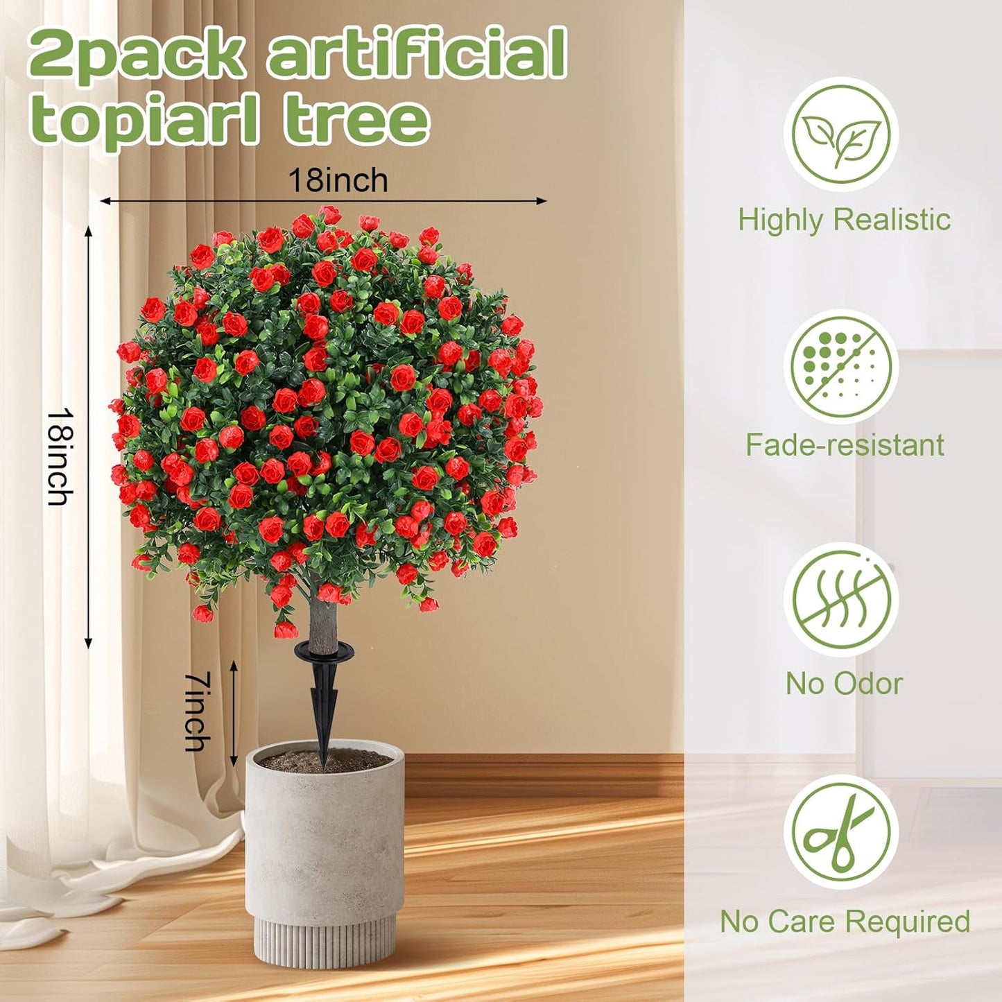 Artificial Red Eucalyptus Topiary Ball Tree 24" with Ground Spike, Set of 2 Artificial Boxwood Bushes for Faux Shrubs, Fake Evergreen Faux Plant for Indoor Outdoor Garden -UV Resistant–Fade-Proof