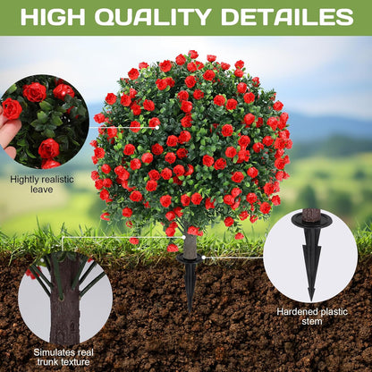 Artificial Red Eucalyptus Topiary Ball Tree 24" with Ground Spike, Set of 2 Artificial Boxwood Bushes for Faux Shrubs, Fake Evergreen Faux Plant for Indoor Outdoor Garden -UV Resistant–Fade-Proof
