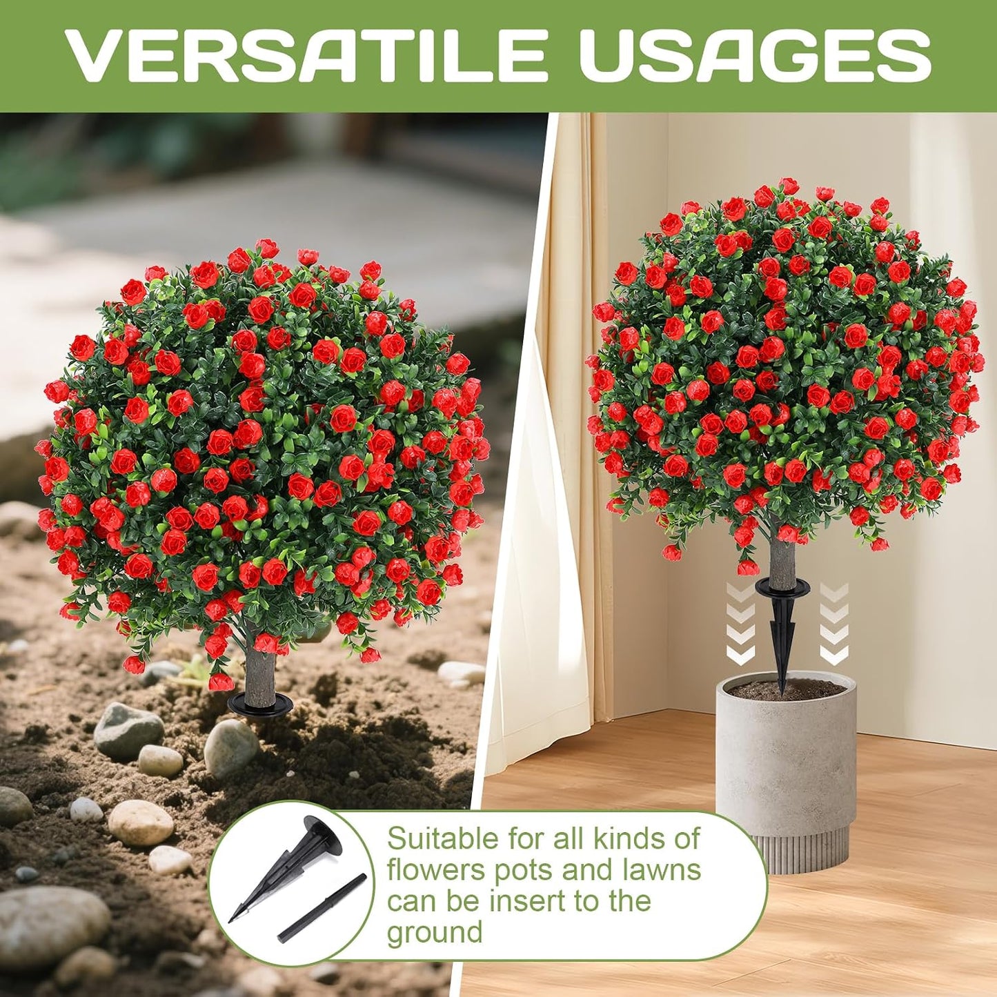 Artificial Red Eucalyptus Topiary Ball Tree 24" with Ground Spike, Set of 2 Artificial Boxwood Bushes for Faux Shrubs, Fake Evergreen Faux Plant for Indoor Outdoor Garden -UV Resistant–Fade-Proof
