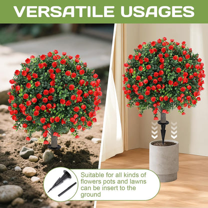 Artificial Red Eucalyptus Topiary Ball Tree 24" with Ground Spike, Set of 2 Artificial Boxwood Bushes for Faux Shrubs, Fake Evergreen Faux Plant for Indoor Outdoor Garden -UV Resistant–Fade-Proof