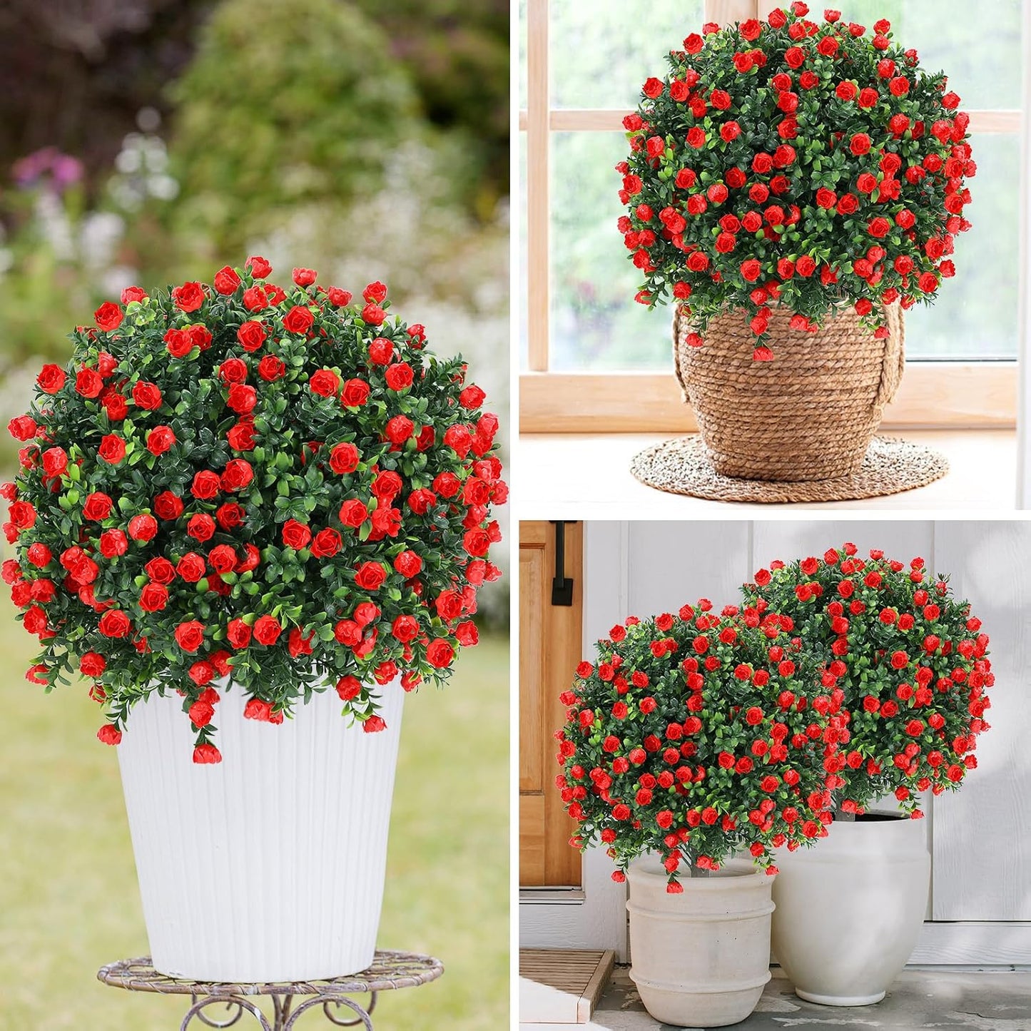 Artificial Red Eucalyptus Topiary Ball Tree 24" with Ground Spike, Set of 2 Artificial Boxwood Bushes for Faux Shrubs, Fake Evergreen Faux Plant for Indoor Outdoor Garden -UV Resistant–Fade-Proof