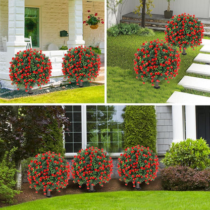 Artificial Red Eucalyptus Topiary Ball Tree 24" with Ground Spike, Set of 2 Artificial Boxwood Bushes for Faux Shrubs, Fake Evergreen Faux Plant for Indoor Outdoor Garden -UV Resistant–Fade-Proof