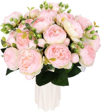 4 Bundles Peonies Artificial Flowers, Fake Silk Peonies Bouquet of Flowers for Home Decor Faux Floral Table Centerpieces for Kitchen Bathroom Wedding Party Decor(Rose Red+Pink)