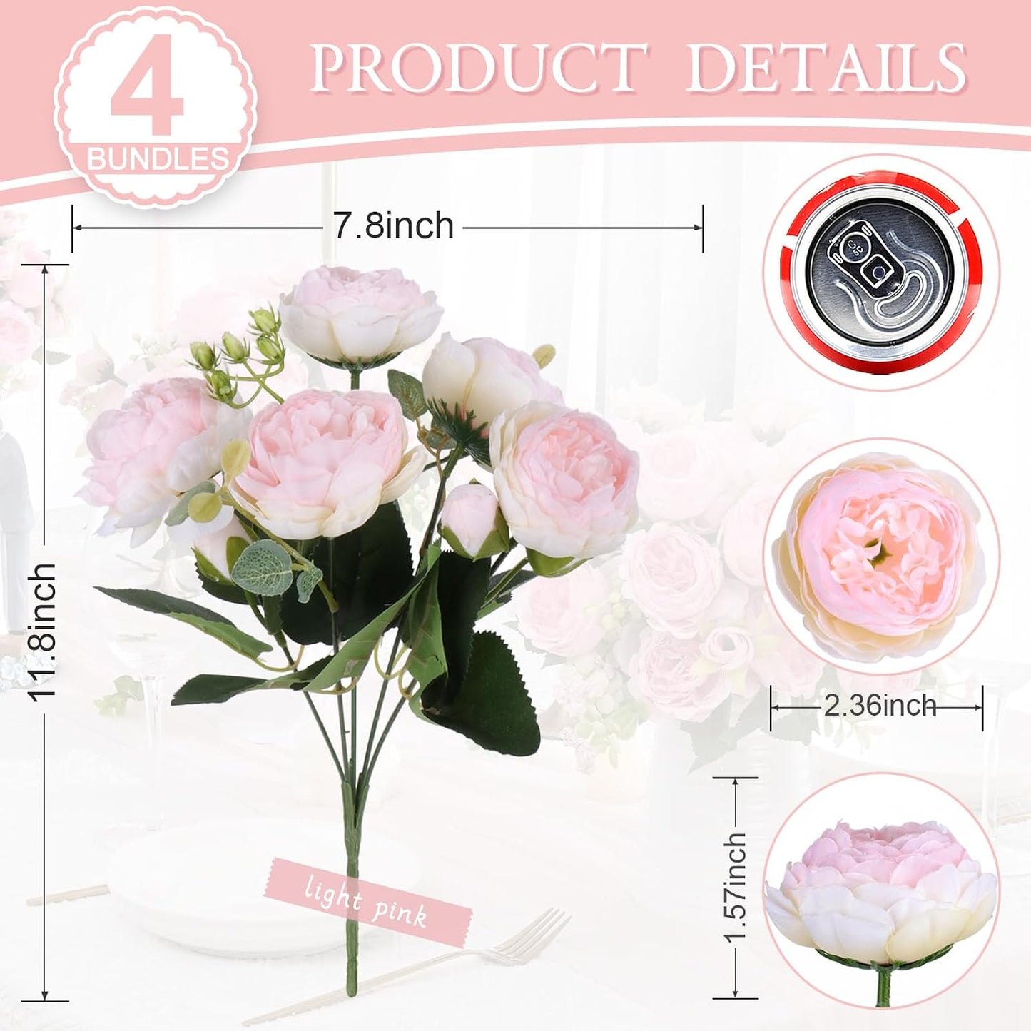 4 Bundles Peonies Artificial Flowers, Fake Silk Peonies Bouquet of Flowers for Home Decor Faux Floral Table Centerpieces for Kitchen Bathroom Wedding Party Decor(Rose Red+Pink)