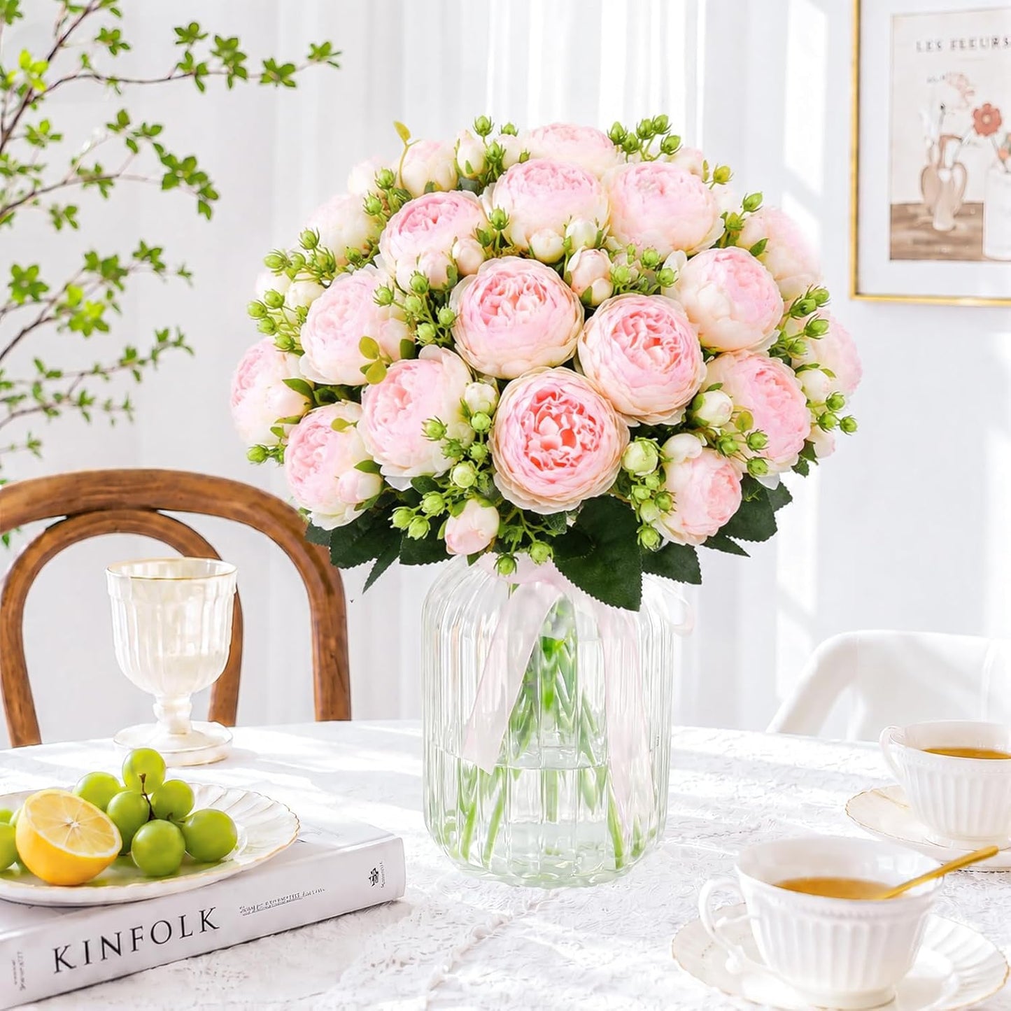 4 Bundles Peonies Artificial Flowers, Fake Silk Peonies Bouquet of Flowers for Home Decor Faux Floral Table Centerpieces for Kitchen Bathroom Wedding Party Decor(Rose Red+Pink)