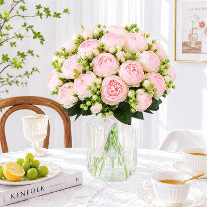 4 Bundles Peonies Artificial Flowers, Fake Silk Peonies Bouquet of Flowers for Home Decor Faux Floral Table Centerpieces for Kitchen Bathroom Wedding Party Decor(Rose Red+Pink)