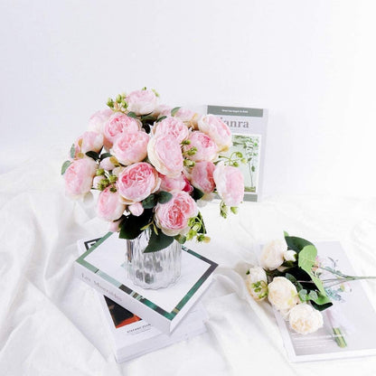 4 Bundles Peonies Artificial Flowers, Fake Silk Peonies Bouquet of Flowers for Home Decor Faux Floral Table Centerpieces for Kitchen Bathroom Wedding Party Decor(Rose Red+Pink)