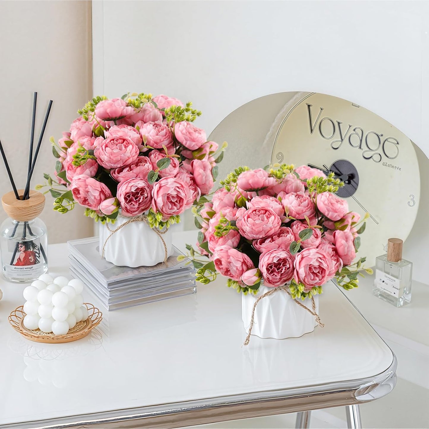 4 Bundles Peonies Artificial Flowers, Fake Silk Peonies Bouquet of Flowers for Home Decor Faux Floral Table Centerpieces for Kitchen Bathroom Wedding Party Decor(Rose Red+Pink)