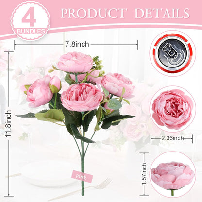 4 Bundles Peonies Artificial Flowers, Fake Silk Peonies Bouquet of Flowers for Home Decor Faux Floral Table Centerpieces for Kitchen Bathroom Wedding Party Decor(Rose Red+Pink)