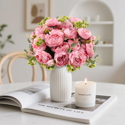 4 Bundles Peonies Artificial Flowers, Fake Silk Peonies Bouquet of Flowers for Home Decor Faux Floral Table Centerpieces for Kitchen Bathroom Wedding Party Decor(Rose Red+Pink)