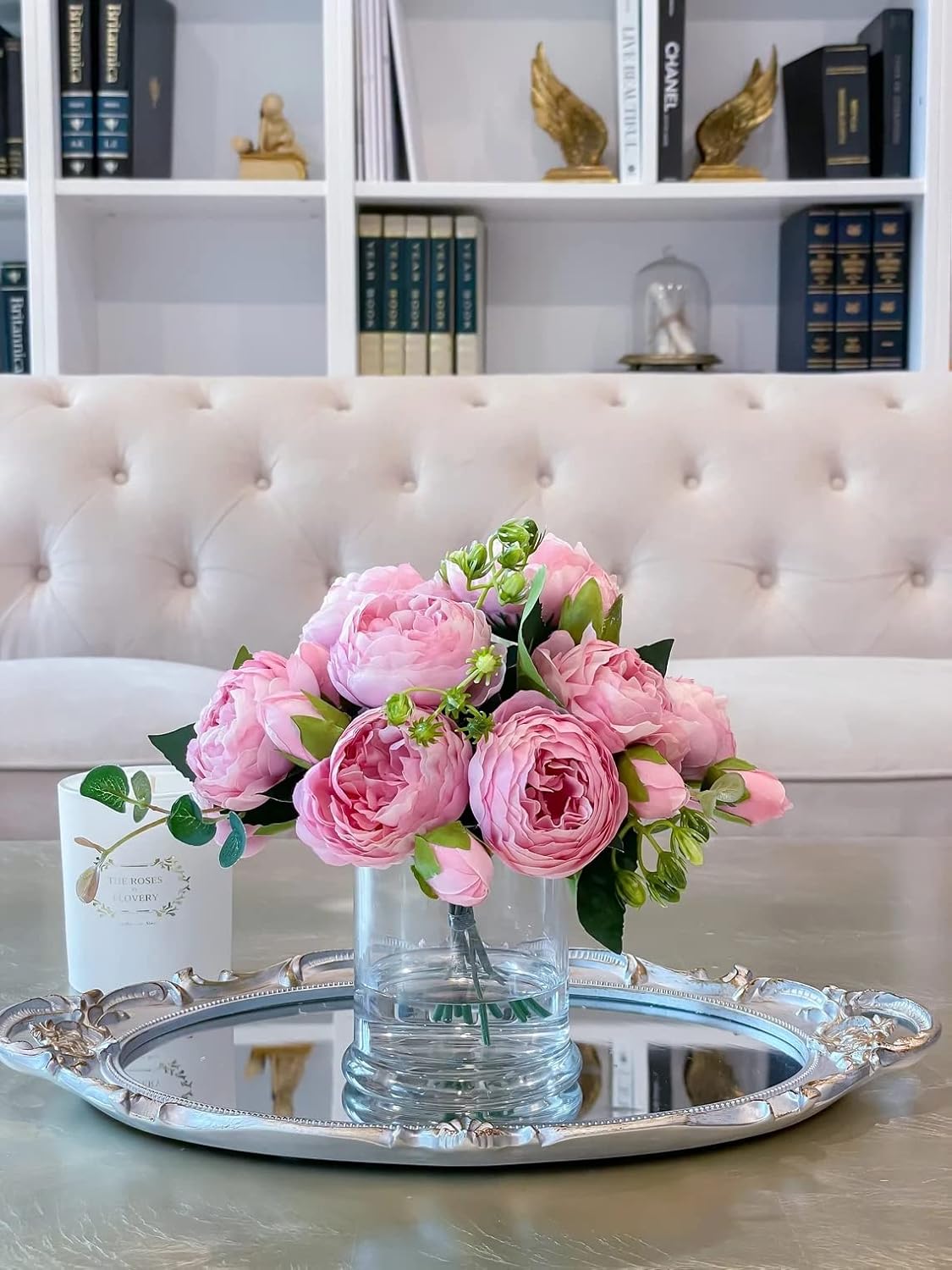 4 Bundles Peonies Artificial Flowers, Fake Silk Peonies Bouquet of Flowers for Home Decor Faux Floral Table Centerpieces for Kitchen Bathroom Wedding Party Decor(Rose Red+Pink)
