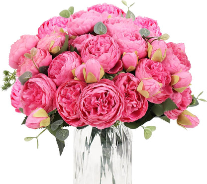 4 Bundles Peonies Artificial Flowers, Fake Silk Peonies Bouquet of Flowers for Home Decor Faux Floral Table Centerpieces for Kitchen Bathroom Wedding Party Decor(Rose Red+Pink)