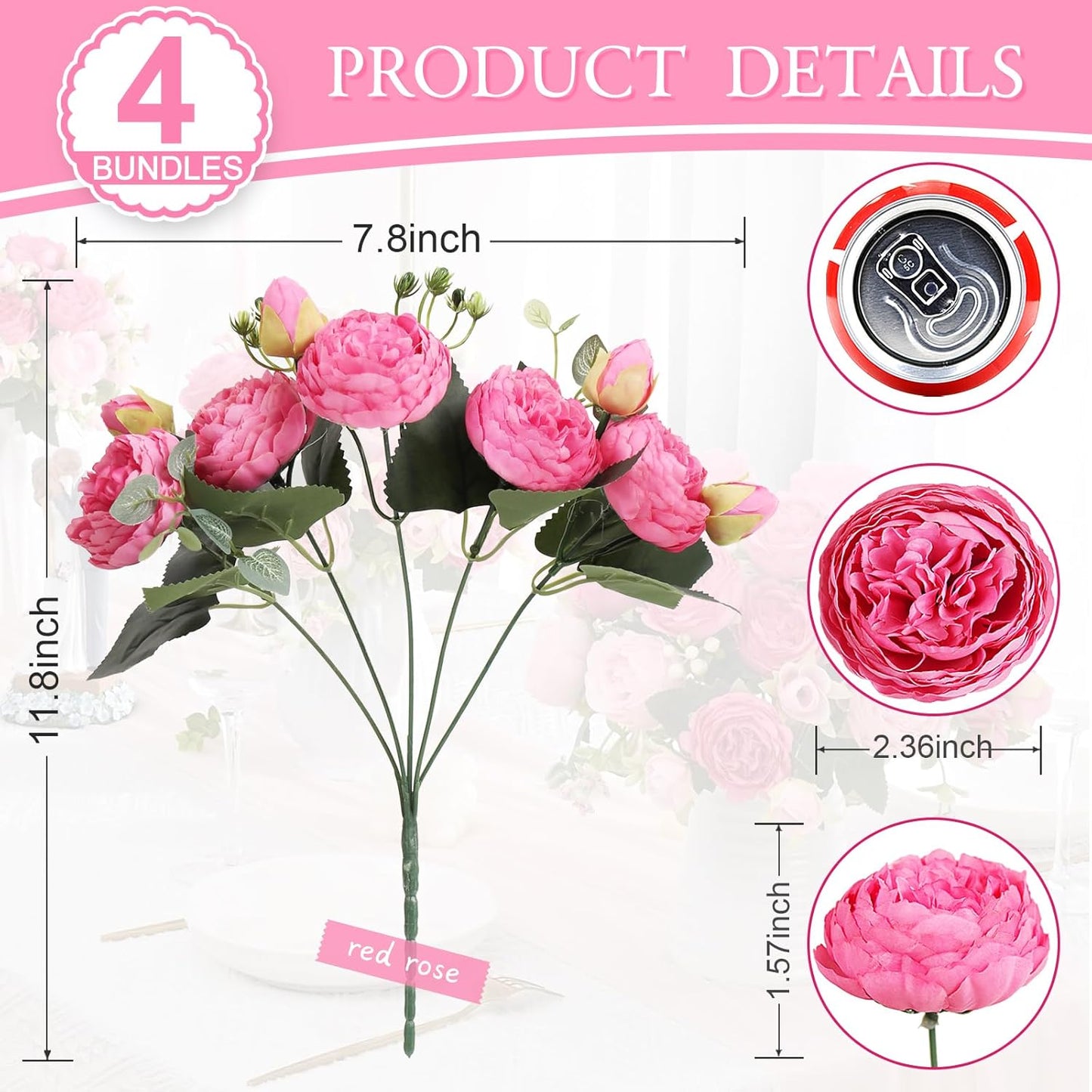 4 Bundles Peonies Artificial Flowers, Fake Silk Peonies Bouquet of Flowers for Home Decor Faux Floral Table Centerpieces for Kitchen Bathroom Wedding Party Decor(Rose Red+Pink)