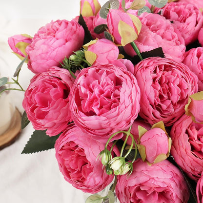 4 Bundles Peonies Artificial Flowers, Fake Silk Peonies Bouquet of Flowers for Home Decor Faux Floral Table Centerpieces for Kitchen Bathroom Wedding Party Decor(Rose Red+Pink)