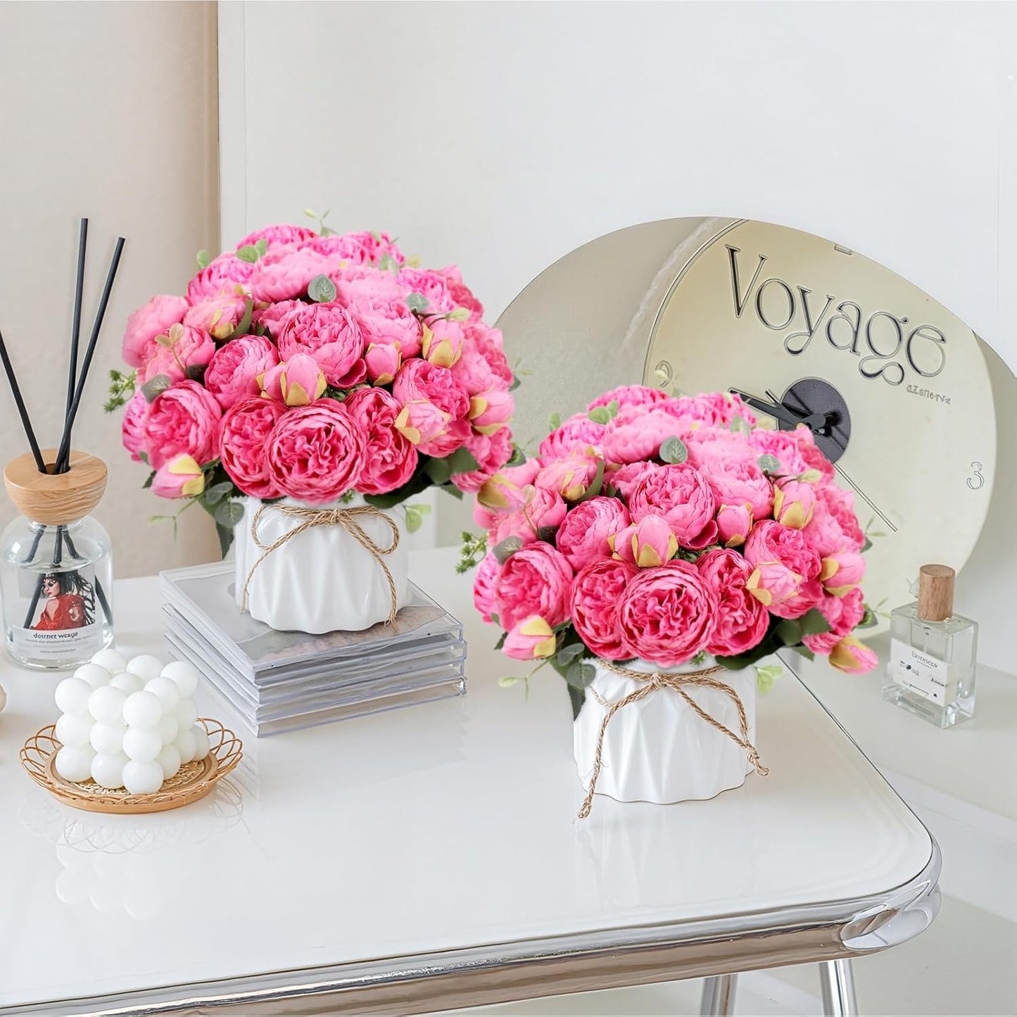 4 Bundles Peonies Artificial Flowers, Fake Silk Peonies Bouquet of Flowers for Home Decor Faux Floral Table Centerpieces for Kitchen Bathroom Wedding Party Decor(Rose Red+Pink)