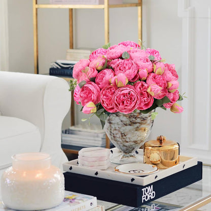 4 Bundles Peonies Artificial Flowers, Fake Silk Peonies Bouquet of Flowers for Home Decor Faux Floral Table Centerpieces for Kitchen Bathroom Wedding Party Decor(Rose Red+Pink)