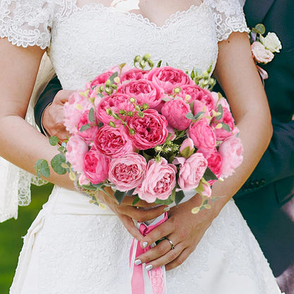 4 Bundles Peonies Artificial Flowers, Fake Silk Peonies Bouquet of Flowers for Home Decor Faux Floral Table Centerpieces for Kitchen Bathroom Wedding Party Decor(Rose Red+Pink)