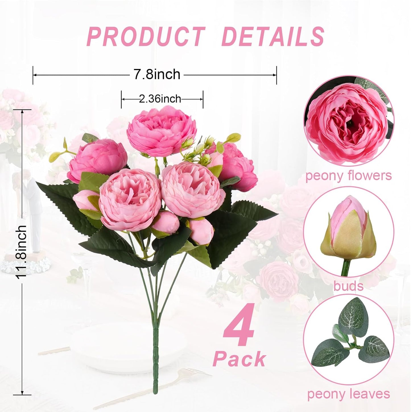 4 Bundles Peonies Artificial Flowers, Fake Silk Peonies Bouquet of Flowers for Home Decor Faux Floral Table Centerpieces for Kitchen Bathroom Wedding Party Decor(Rose Red+Pink)