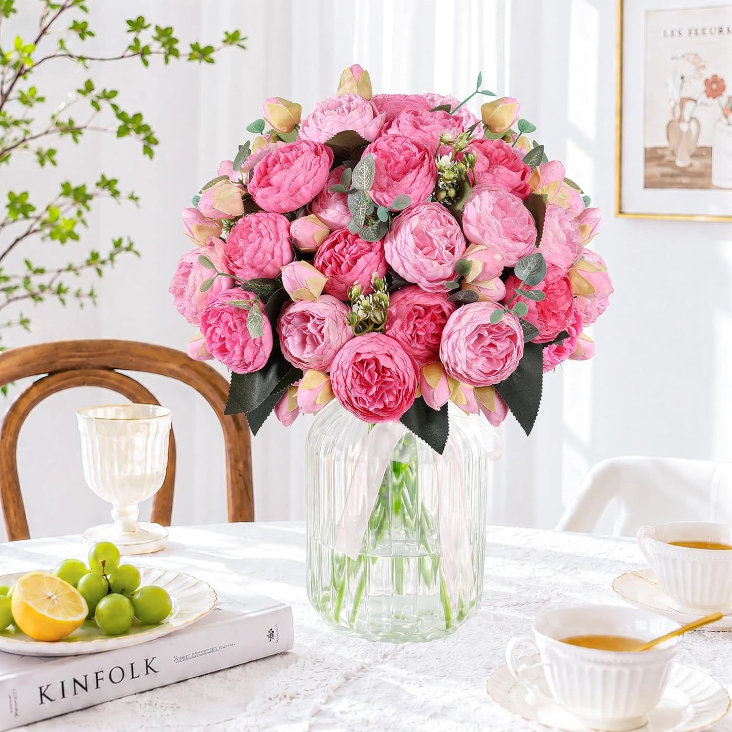 4 Bundles Peonies Artificial Flowers, Fake Silk Peonies Bouquet of Flowers for Home Decor Faux Floral Table Centerpieces for Kitchen Bathroom Wedding Party Decor(Rose Red+Pink)