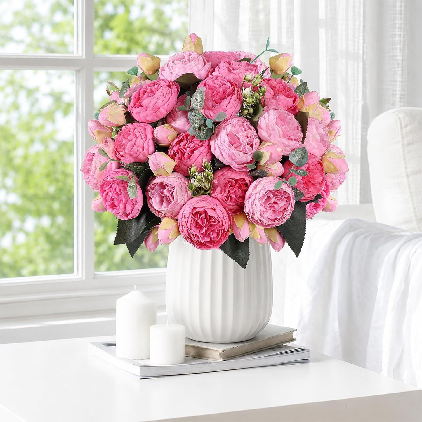 4 Bundles Peonies Artificial Flowers, Fake Silk Peonies Bouquet of Flowers for Home Decor Faux Floral Table Centerpieces for Kitchen Bathroom Wedding Party Decor(Rose Red+Pink)