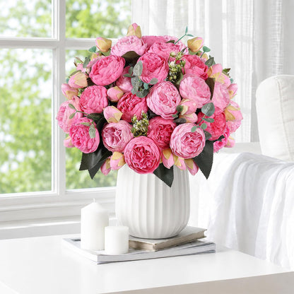 4 Bundles Peonies Artificial Flowers, Fake Silk Peonies Bouquet of Flowers for Home Decor Faux Floral Table Centerpieces for Kitchen Bathroom Wedding Party Decor(Rose Red+Pink)