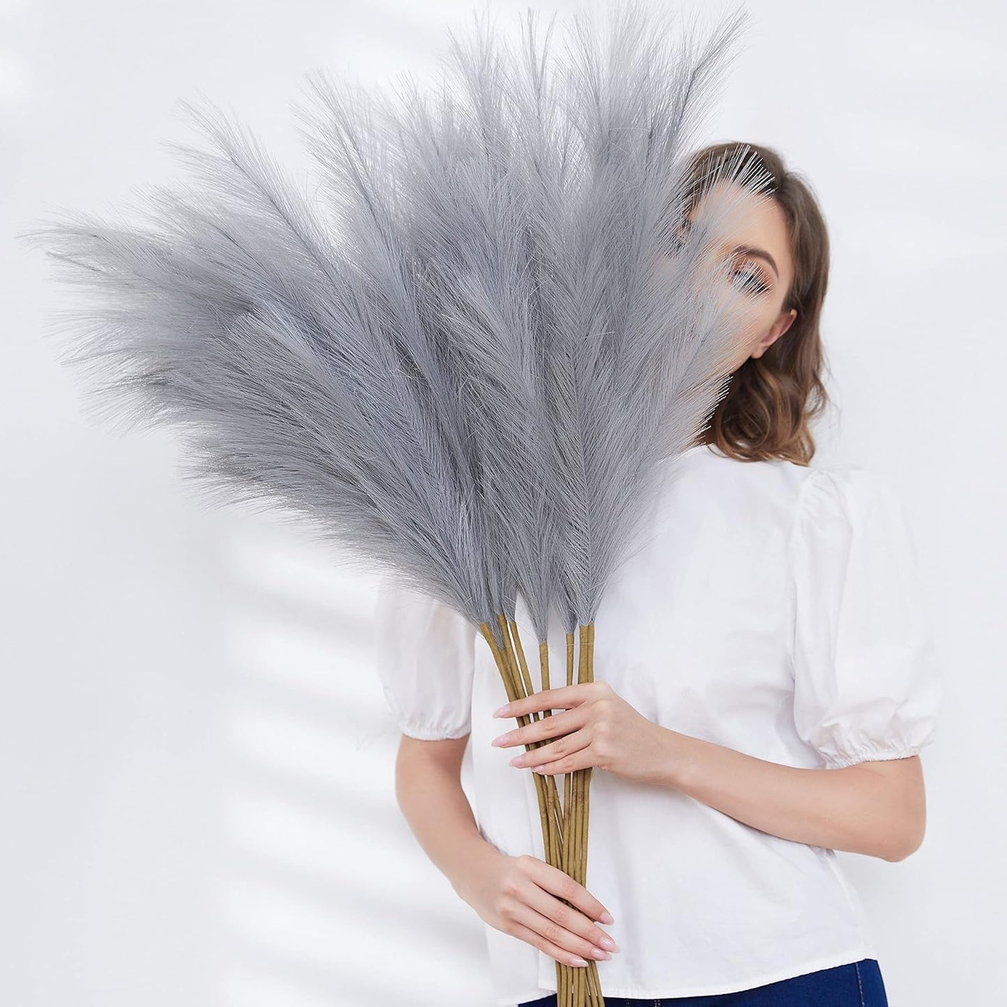Faux Pampas Grass, 9 PCS 37''/3.1FT Tall Fluffy Fake Pompas Floral, Large Artificial Pompous Grass Branches for Floor Vase Fillers, Boho Farmhouse Room Wedding Decor (White)