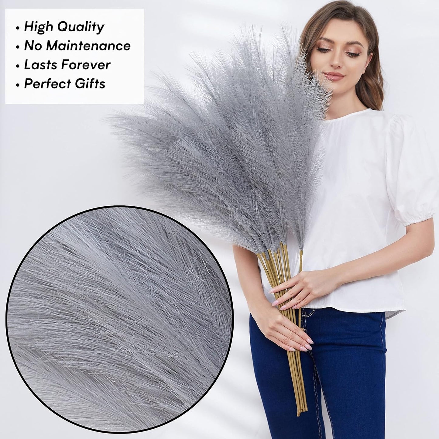 Faux Pampas Grass, 9 PCS 37''/3.1FT Tall Fluffy Fake Pompas Floral, Large Artificial Pompous Grass Branches for Floor Vase Fillers, Boho Farmhouse Room Wedding Decor (White)