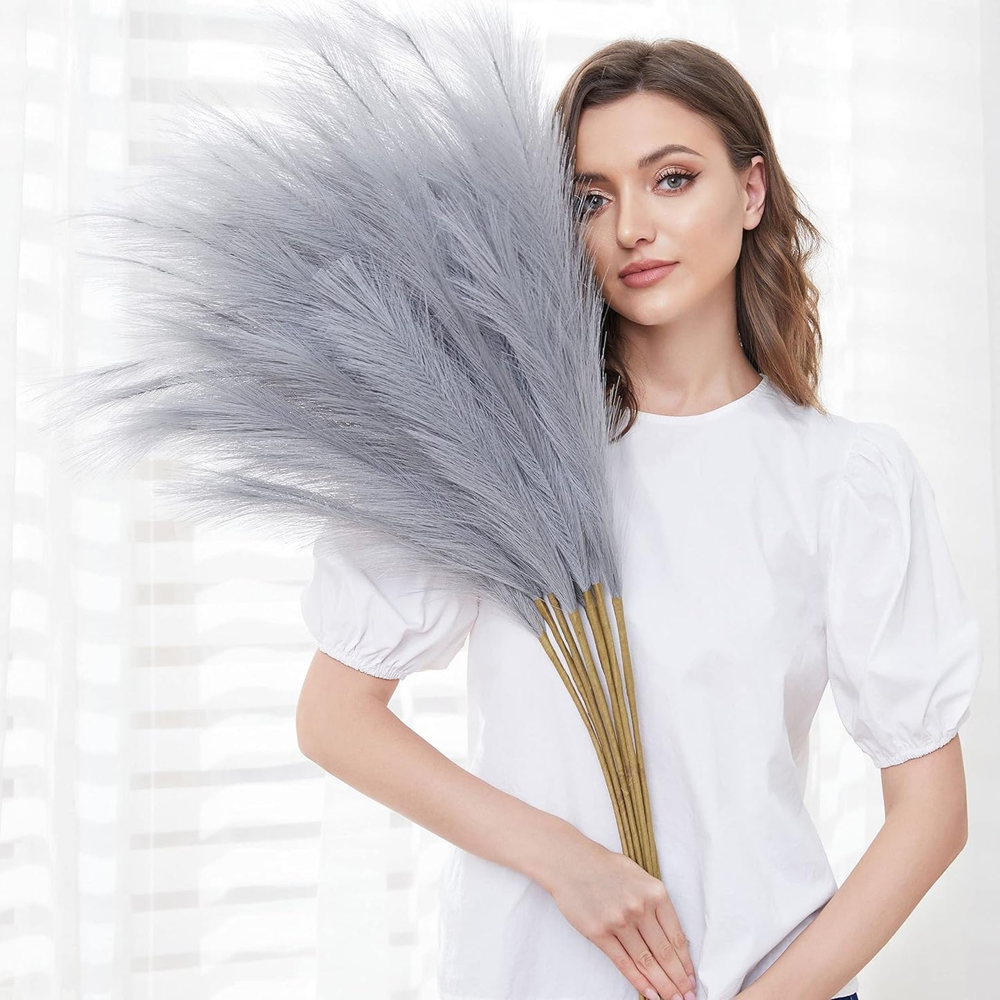 Faux Pampas Grass, 9 PCS 37''/3.1FT Tall Fluffy Fake Pompas Floral, Large Artificial Pompous Grass Branches for Floor Vase Fillers, Boho Farmhouse Room Wedding Decor (White)