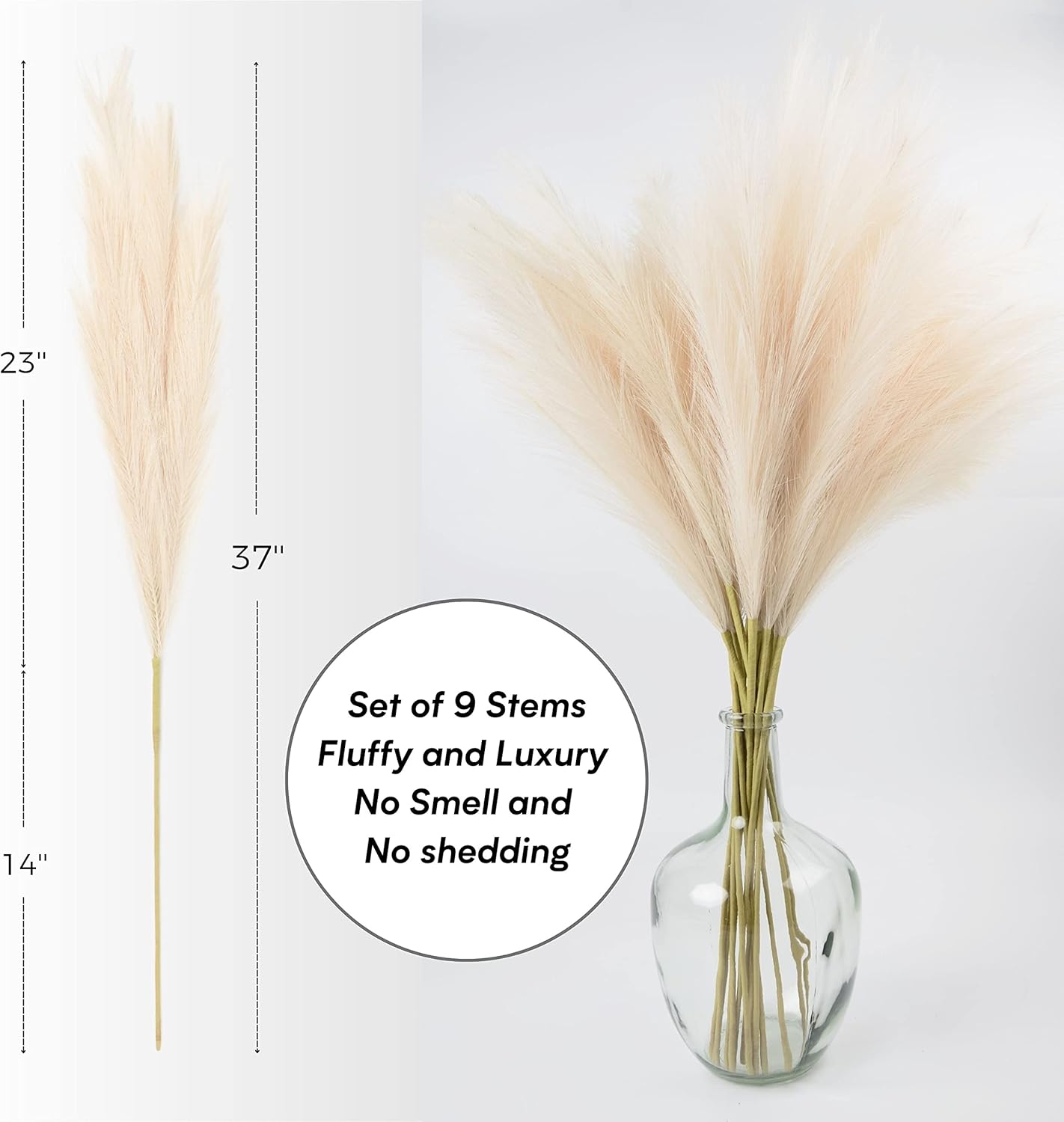 Faux Pampas Grass, 9 PCS 37''/3.1FT Tall Fluffy Fake Pompas Floral, Large Artificial Pompous Grass Branches for Floor Vase Fillers, Boho Farmhouse Room Wedding Decor (White)