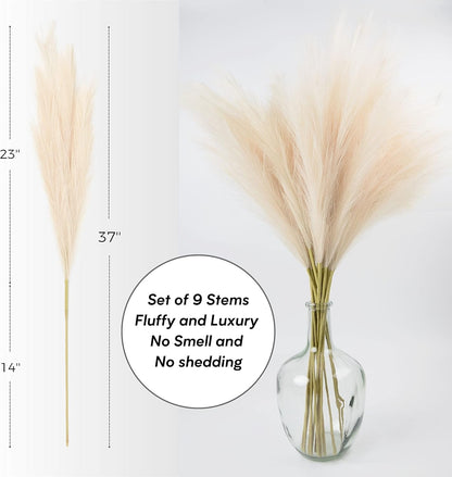 Faux Pampas Grass, 9 PCS 37''/3.1FT Tall Fluffy Fake Pompas Floral, Large Artificial Pompous Grass Branches for Floor Vase Fillers, Boho Farmhouse Room Wedding Decor (White)