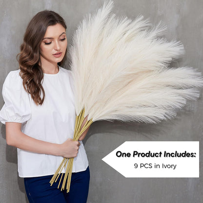 Faux Pampas Grass, 9 PCS 37''/3.1FT Tall Fluffy Fake Pompas Floral, Large Artificial Pompous Grass Branches for Floor Vase Fillers, Boho Farmhouse Room Wedding Decor (White)