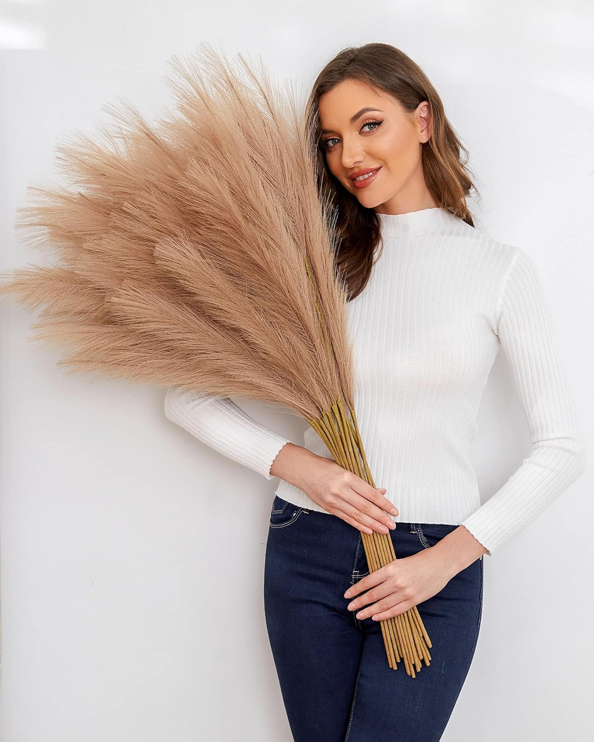 Faux Pampas Grass, 9 PCS 37''/3.1FT Tall Fluffy Fake Pompas Floral, Large Artificial Pompous Grass Branches for Floor Vase Fillers, Boho Farmhouse Room Wedding Decor (White)