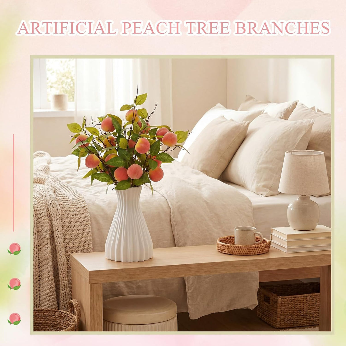 Daifunli 10 Pcs Artificial Peach Branches Fake Stem, 3 Peaches, 27.56 Inch
