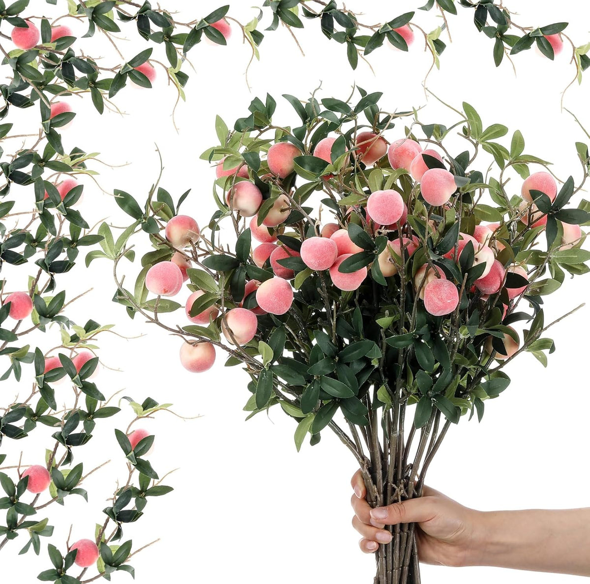Daifunli 10 Pcs Artificial Peach Branches Fake Stem, 3 Peaches, 27.56 Inch