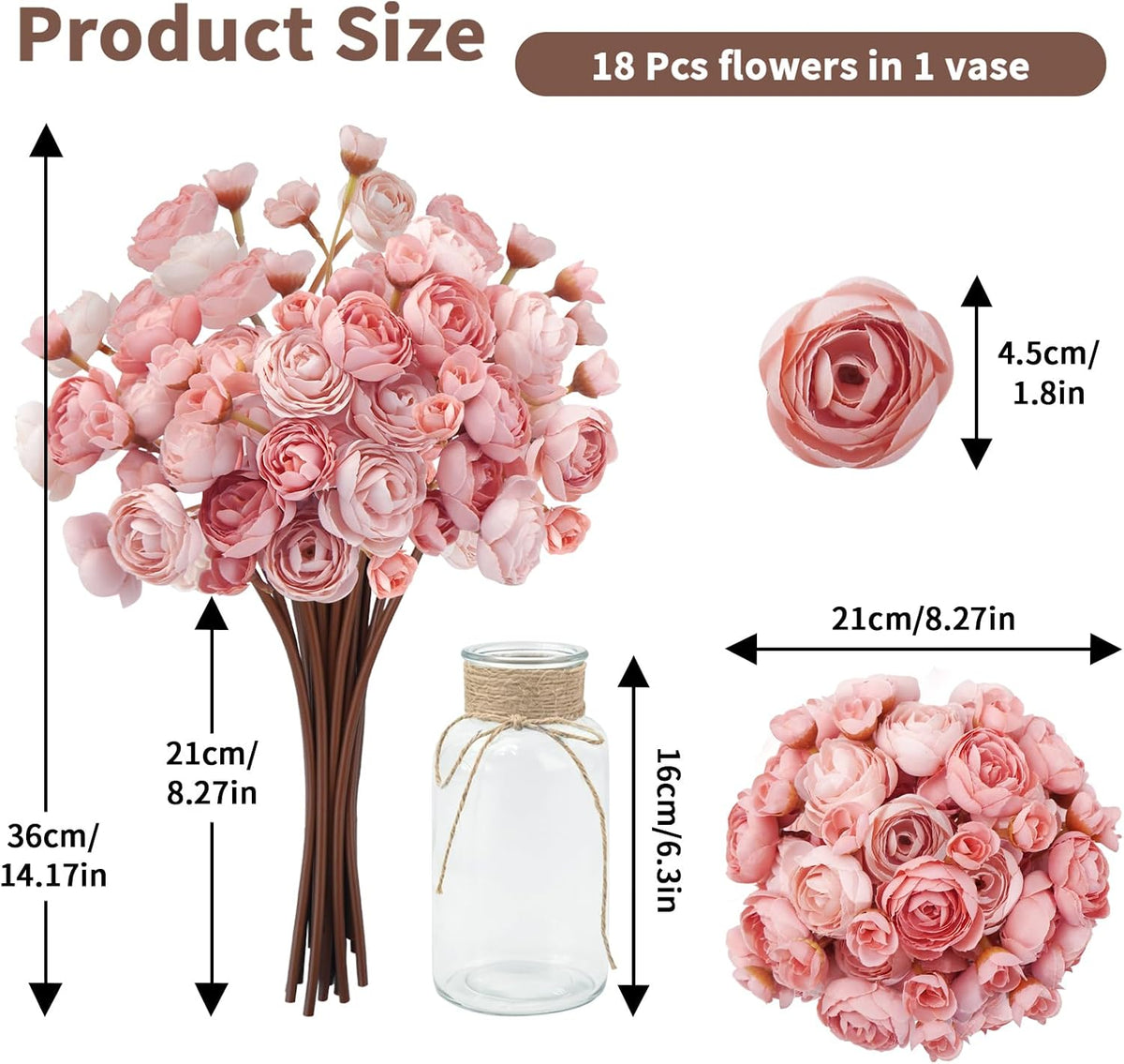 18 Pcs Ranunculus Artificial Flowers with Vase for Table Centerpieces