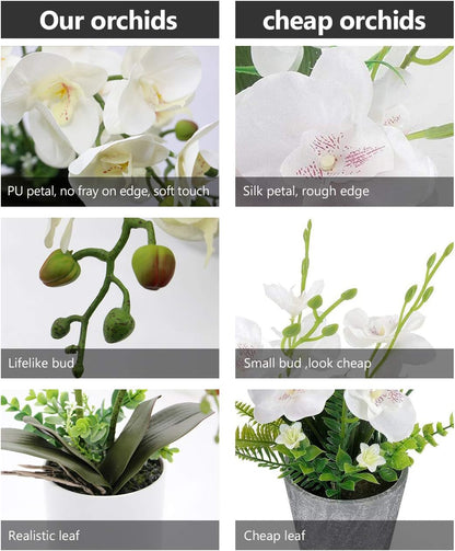 White Orchid Artificial Flowers in Pot, Fake Plastic Orchid Flowers, Decoration for Home Office Wedding(White 2 Bouquets)
