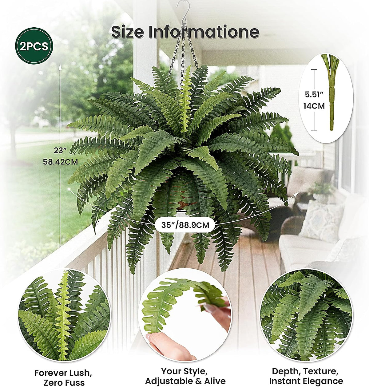 Fake Ferns - Set of 2 Faux Boston Ferns Large Artificial Plants, 40 Leaves per Bouquet, 35 Inches Large Artificial Ferns for Outdoors/Indoor Home, Office, Garden Decoration
