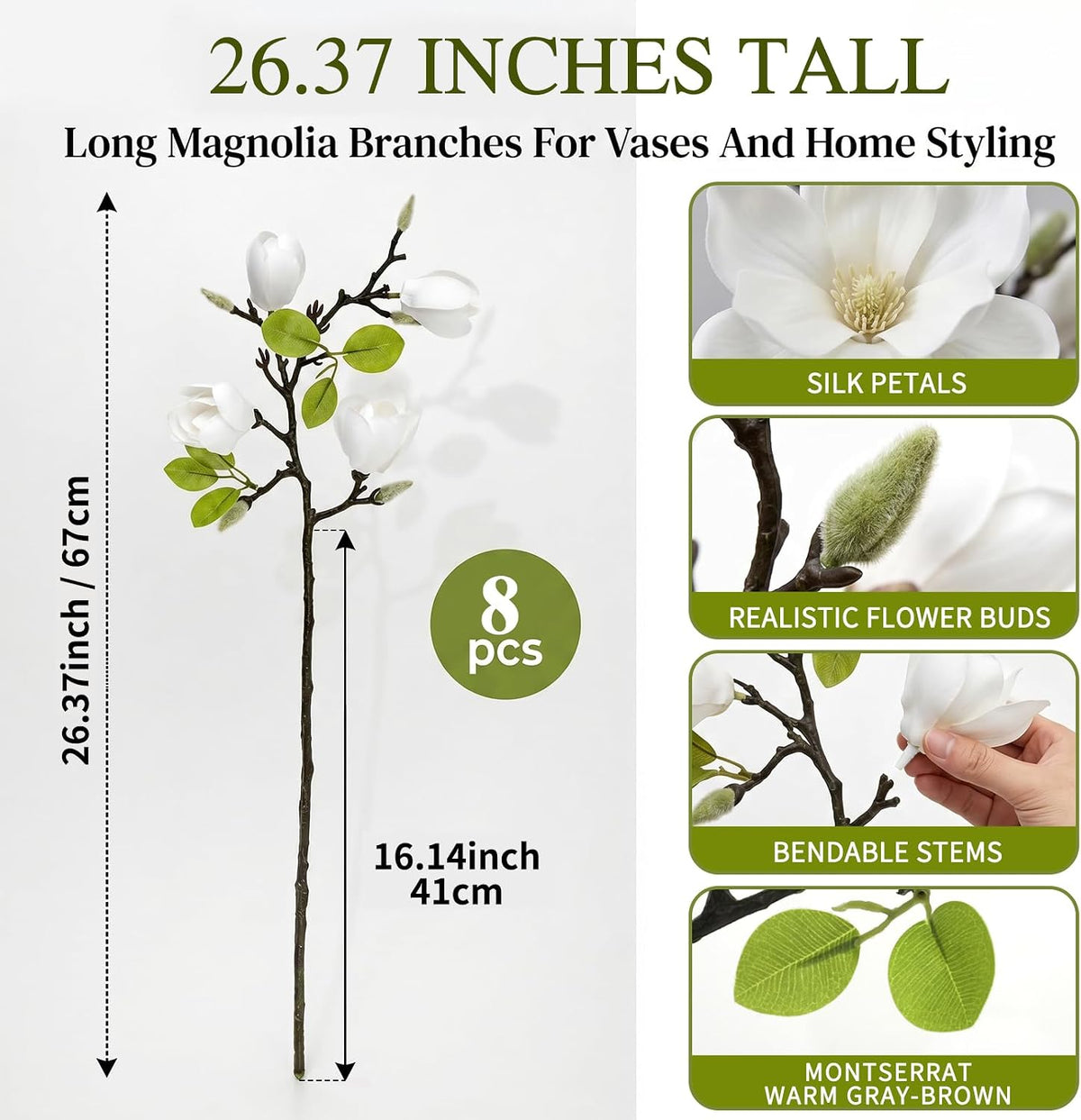 Set of 4 White 25 Inch Artificial Magnolia Flowers Branches