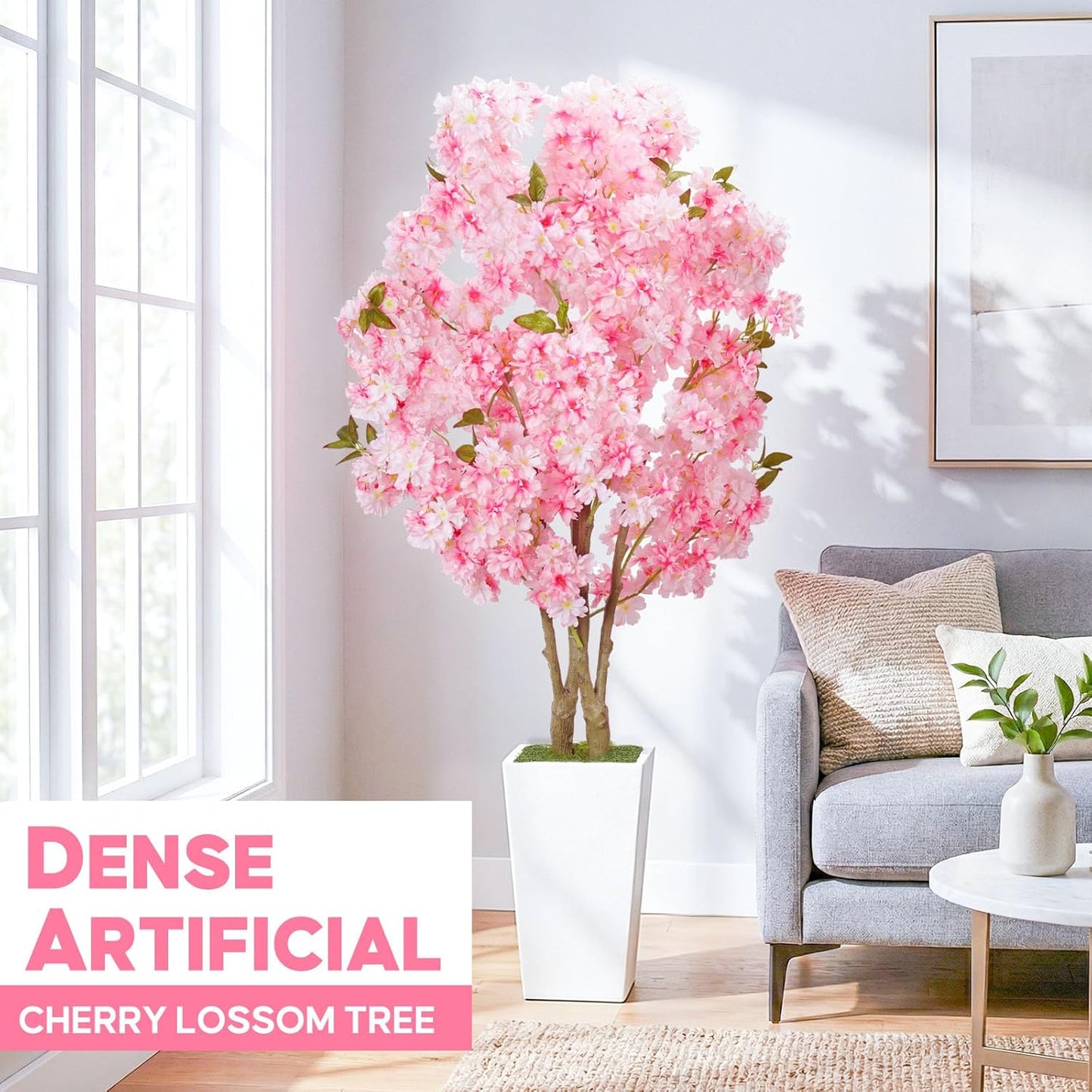 No-Splice Trunk Artificial Cherry Blossom Tree 5FT, Realistic Fake Tree Indoor Plants for Spring, Faux Cherry Tree with Tall White Planter for Living Room Bedroom Office Entryway Home Decor