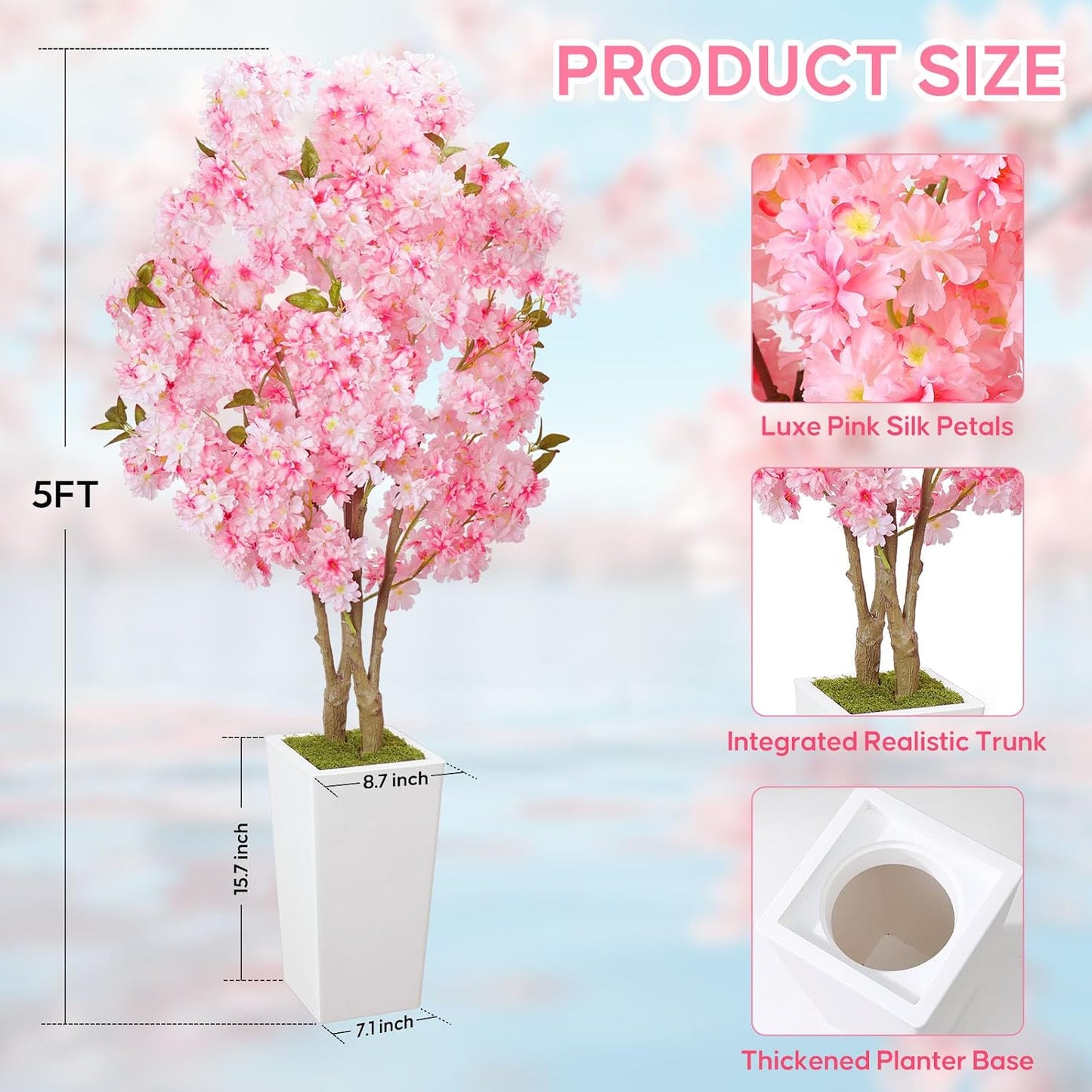 No-Splice Trunk Artificial Cherry Blossom Tree 5FT, Realistic Fake Tree Indoor Plants for Spring, Faux Cherry Tree with Tall White Planter for Living Room Bedroom Office Entryway Home Decor